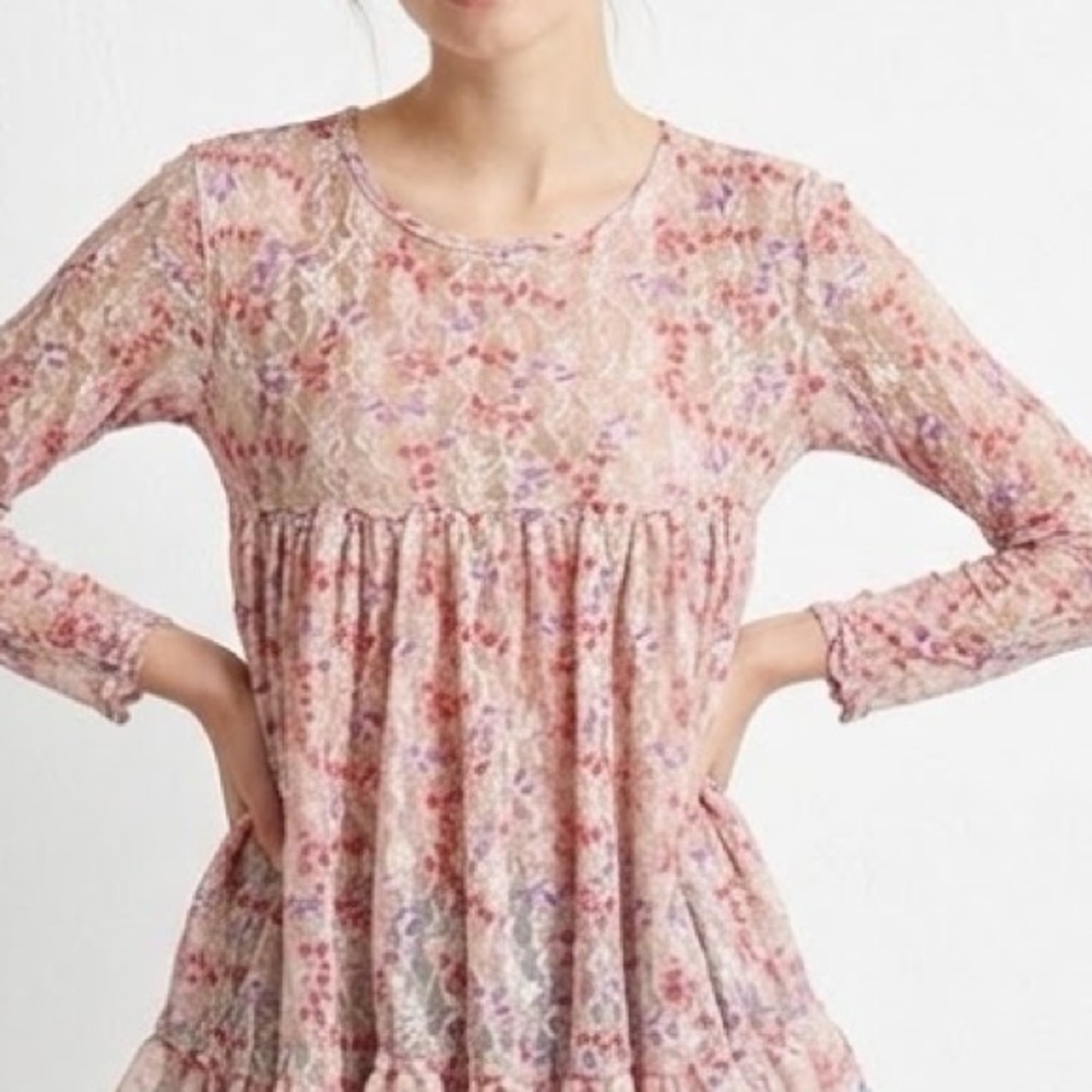 Vintage 80s US Boys Pink Floral Lace Long Sleeve Babydoll Peplum Blouse Small